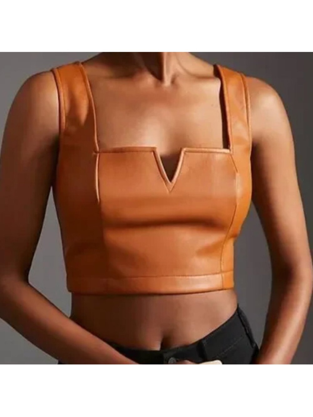 Like New- Maeve Anthropologie Tan Leather-Look V-Notch Crop Top